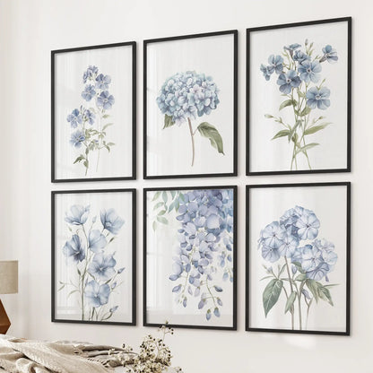 Modern 6 piece flower art set. Flax, Wisteria, wildflowers watercolor painting prints. Black frames for living room.