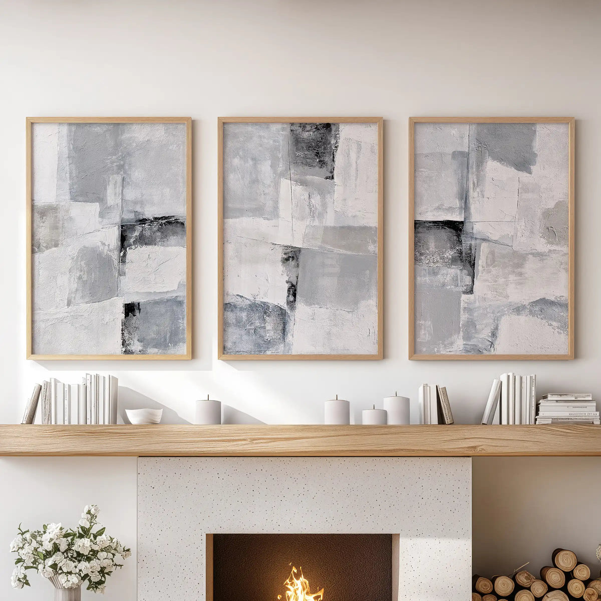 Organic modern shapes set of 3 wall art prints, edged in thin wood frames, layers quiet rhythm above the mantel in the sitting room.