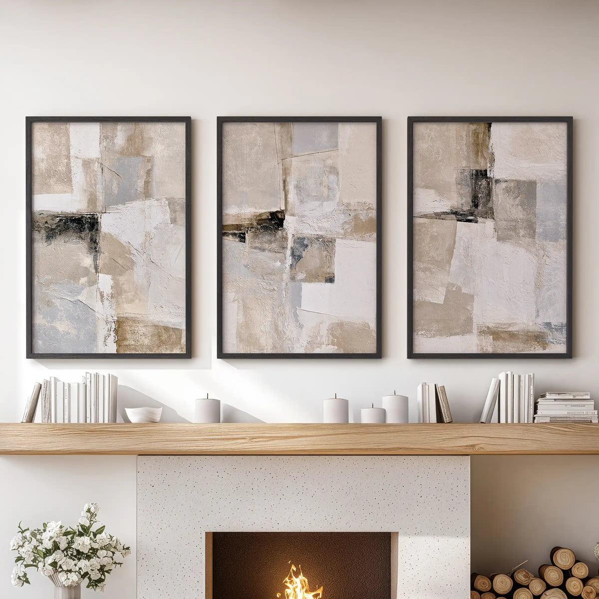Three framed wall artworks form a neutral Japandi triptych above the family room hearth, set off by understated black frames.