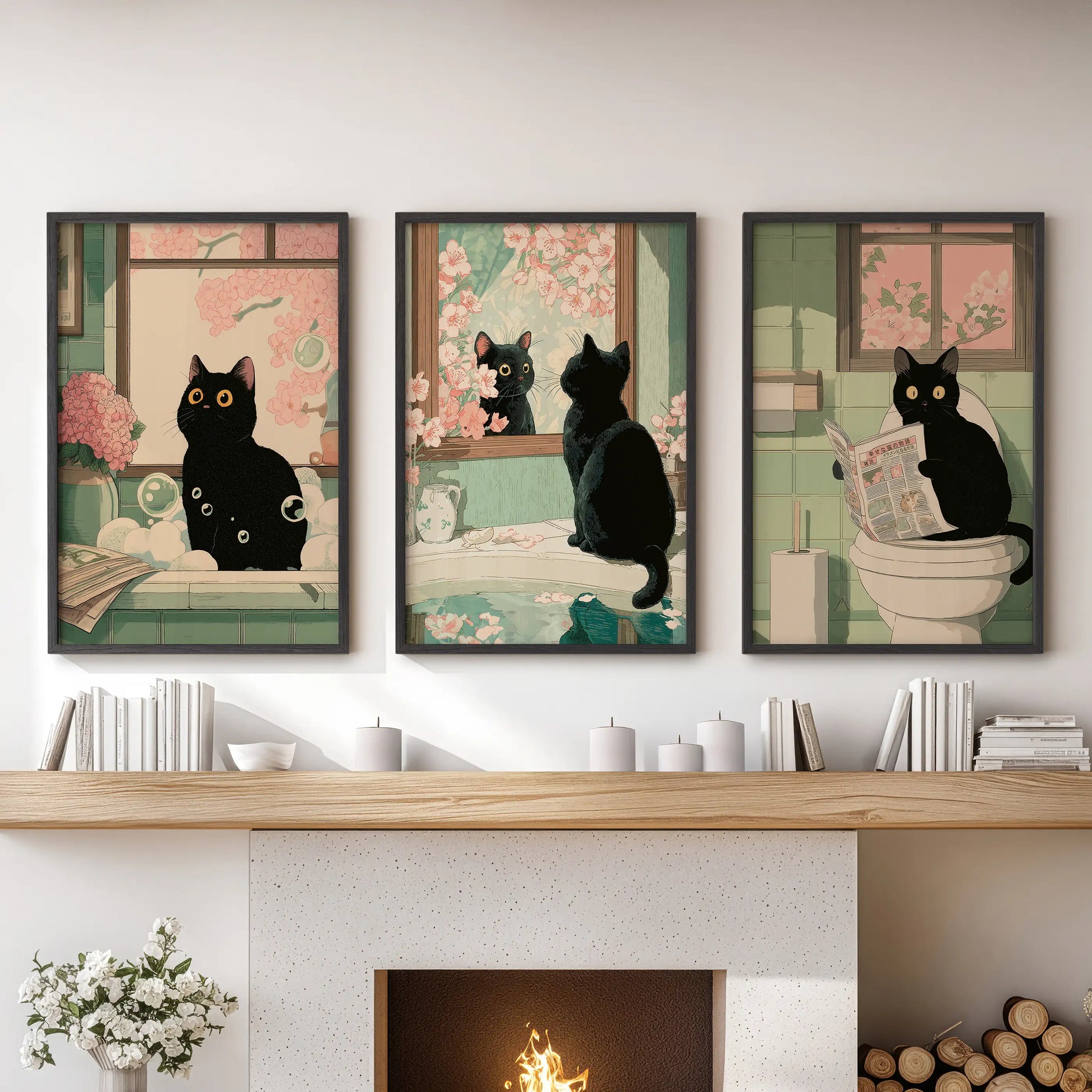 Three sleek black-framed pictures of a cheeky black cat bathroom scene make a bold wall set arranged over the lounge mantelpiece.