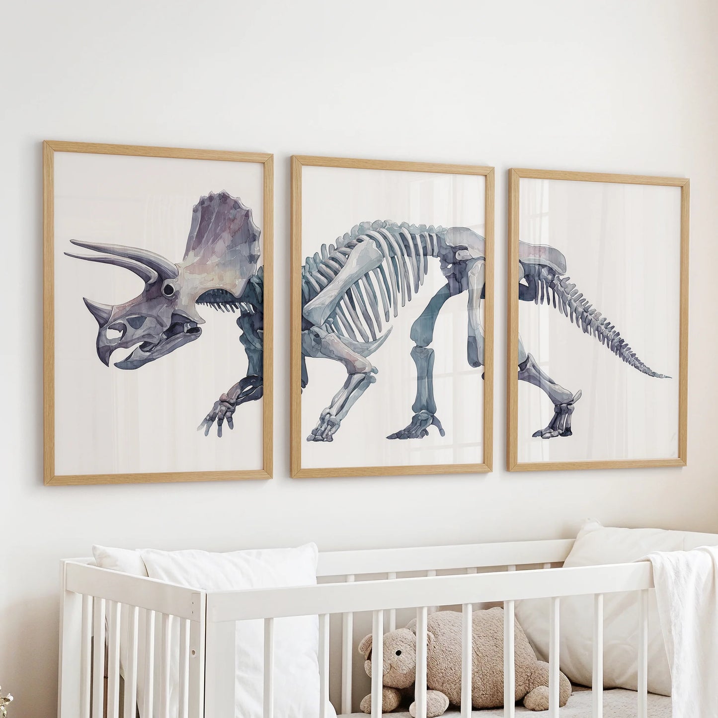 Triceratops skeleton watercolor painting set offering scientific art for a child’s bedroom or play area.