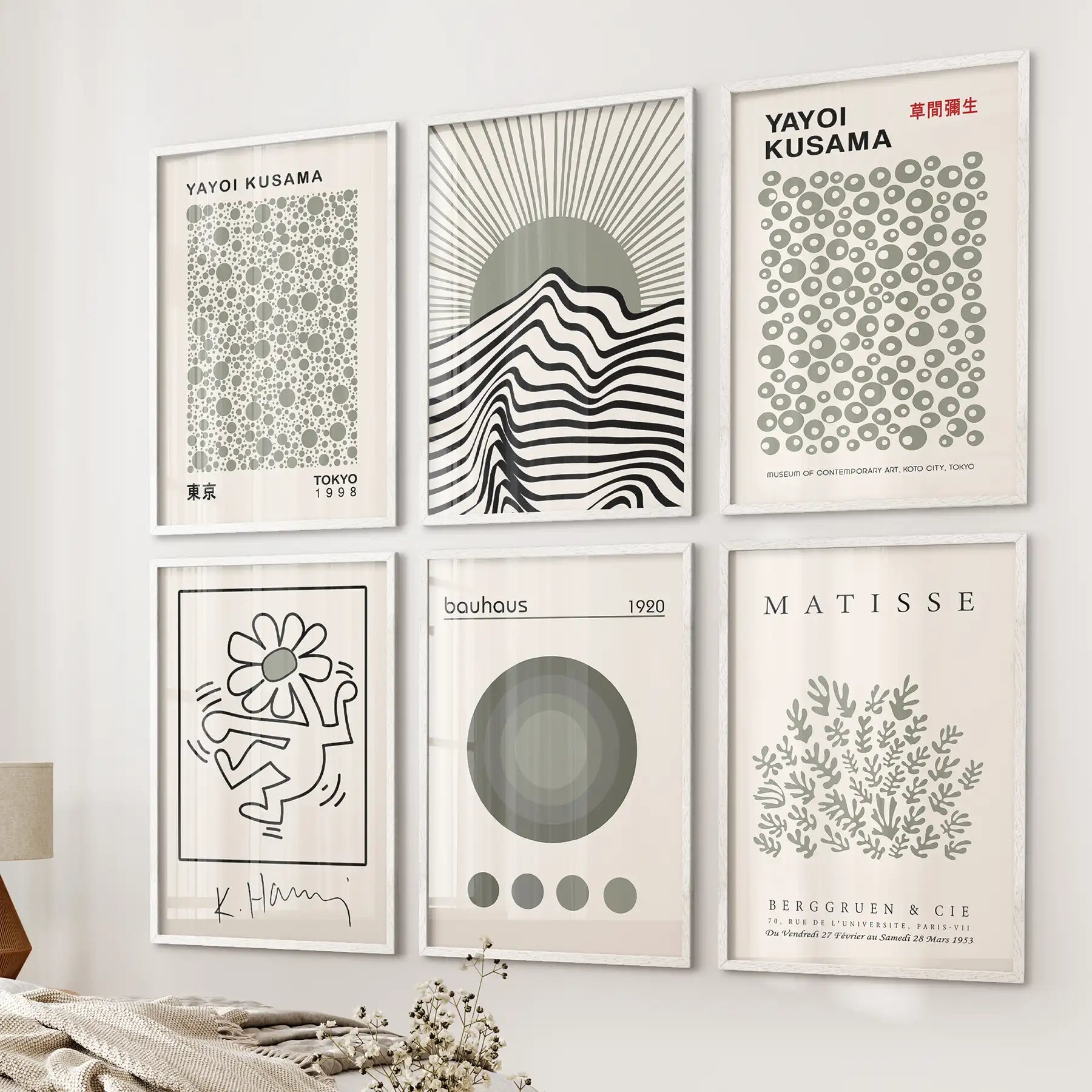 Bauhaus-inspired set of 6 sage green posters in white frames, minimalist art for bedroom