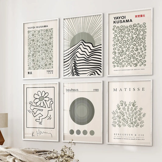 Bauhaus-inspired set of 6 sage green posters in white frames, minimalist art for bedroom