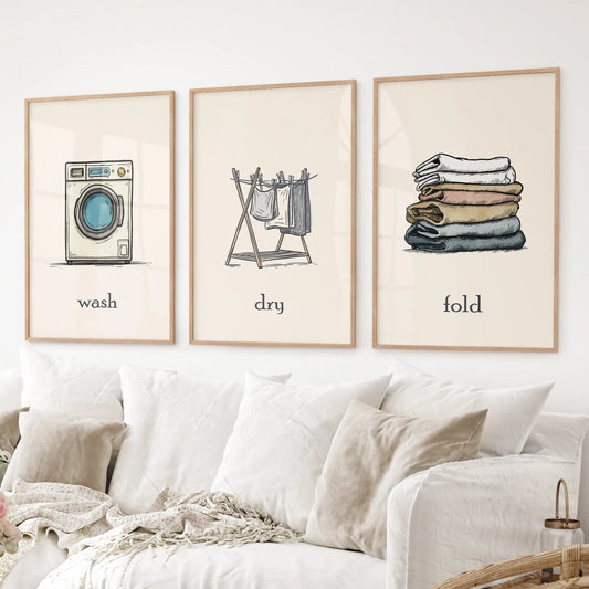Minimalist farmhouse laundry wall art  Wash Dry Fold posters. Thinwood frames over the couch.