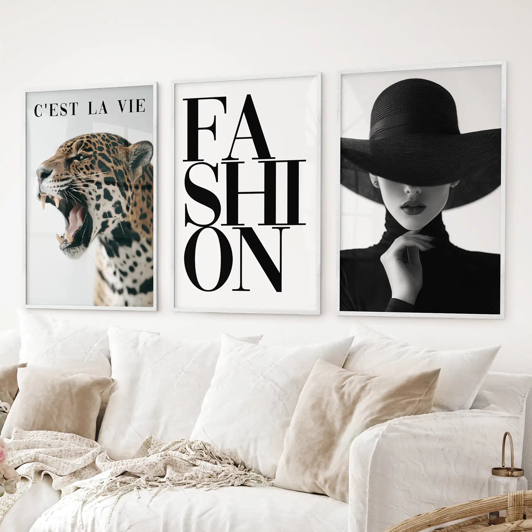 Fashion girly room set of 3 posters. Chic apartment Y2K wall decor. White frames above the sofa.