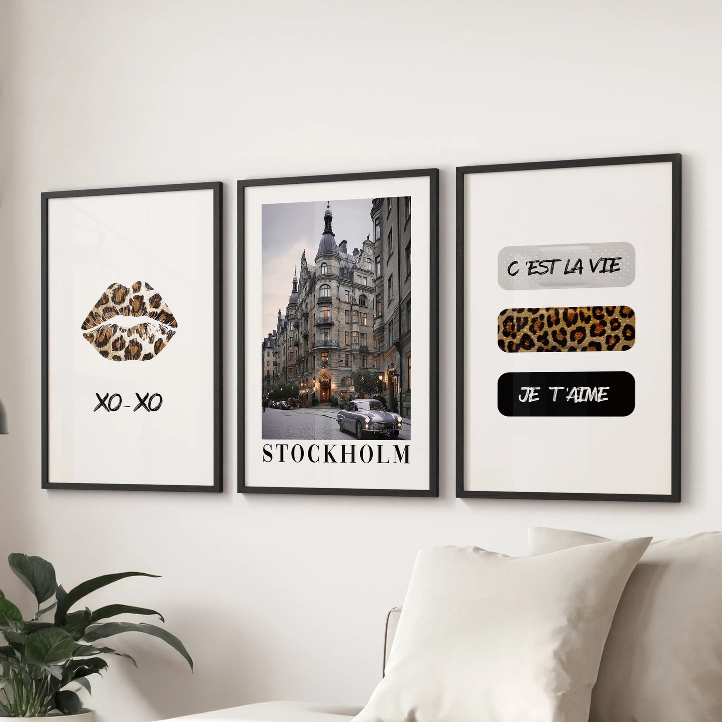 Leopard, lips poster  wall art trio brings a bold focal point to the family room over the sofa, finished with modern black framing for a polished look.
