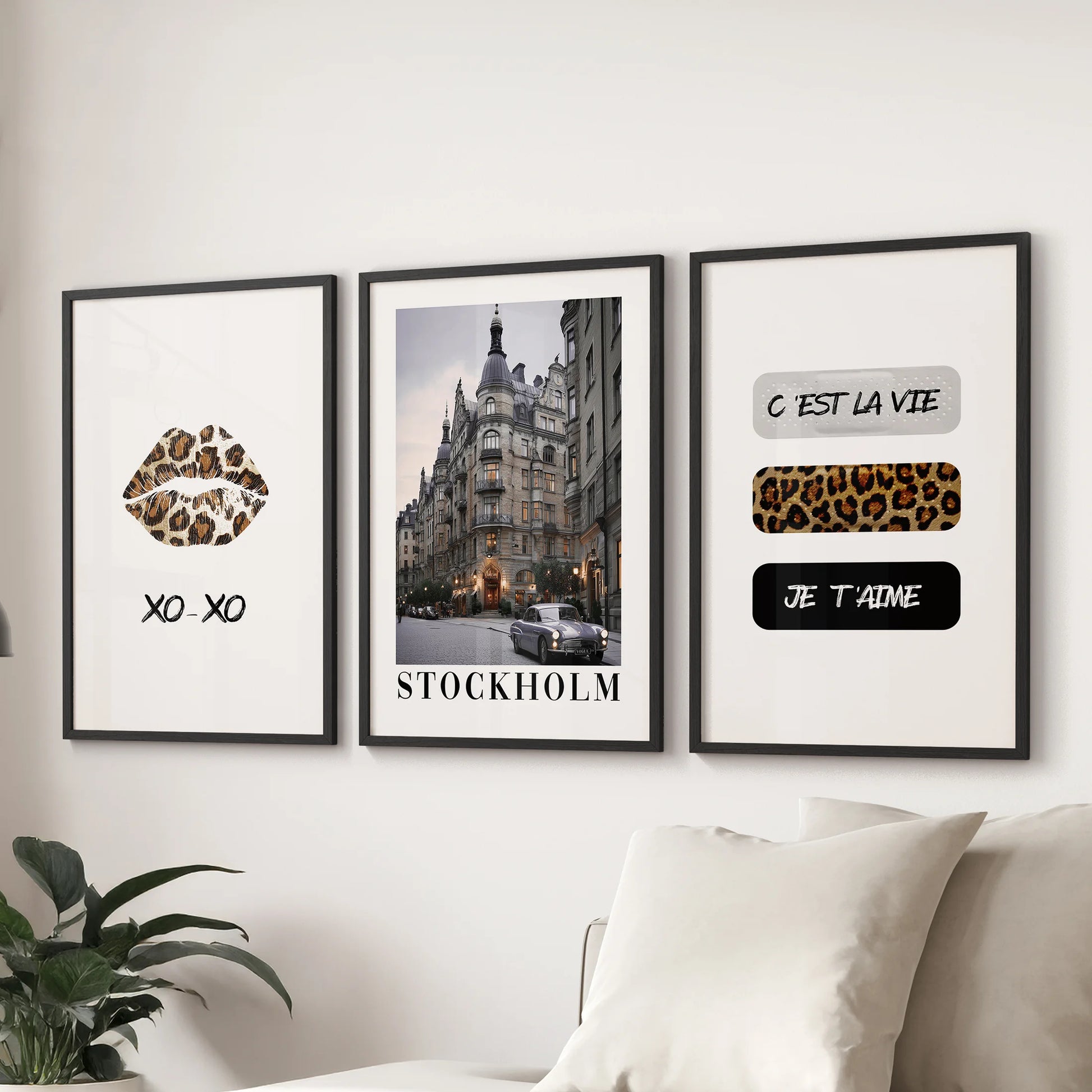 Leopard, lips poster  wall art trio brings a bold focal point to the family room over the sofa, finished with modern black framing for a polished look.