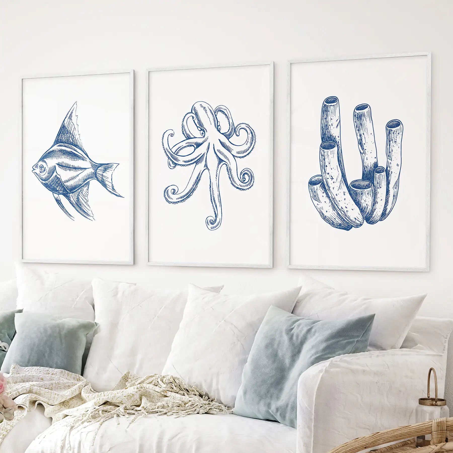 Sea life posters set of 3 marine theme artwork. Light blue marine wall decor gift. White frames for living room.