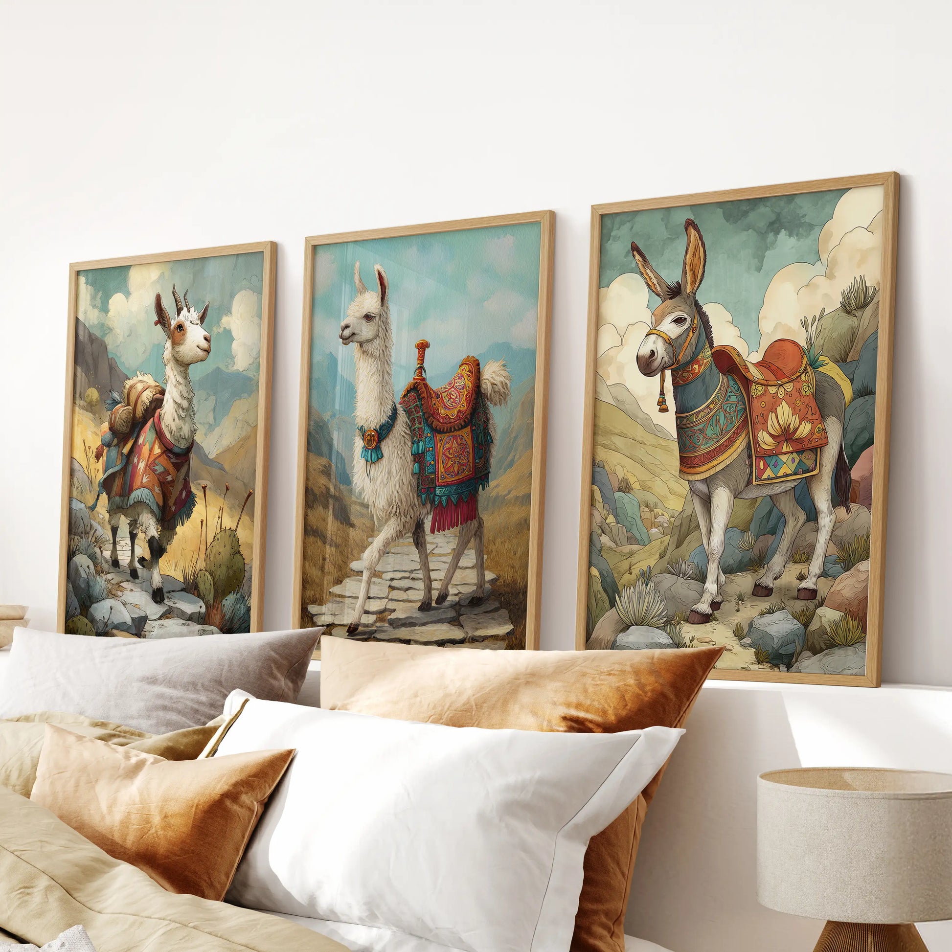 Three solid-oak-framed llama and alpaca prints hang over the headboard, giving the bedroom subtle texture and calm pastoral charm.