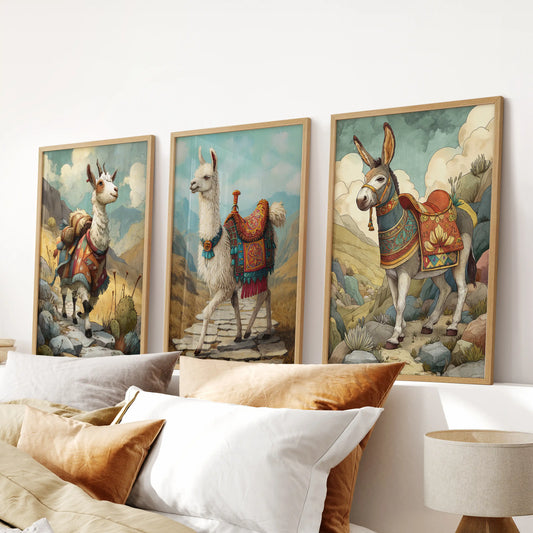 Three solid-oak-framed llama and alpaca prints hang over the headboard, giving the bedroom subtle texture and calm pastoral charm.