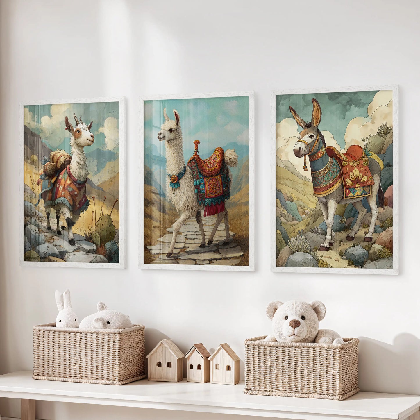Above the toy storage, this white-framed 3-piece llama and alpaca wall art set brightens a kids playroom with friendly Andean faces and airy charm.