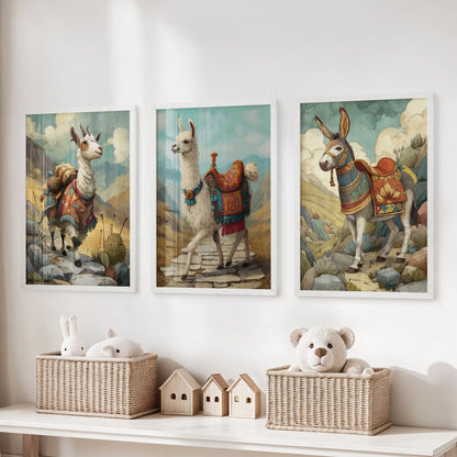 Above the toy storage, this white-framed 3-piece llama and alpaca wall art set brightens a kids playroom with friendly Andean faces and airy charm.