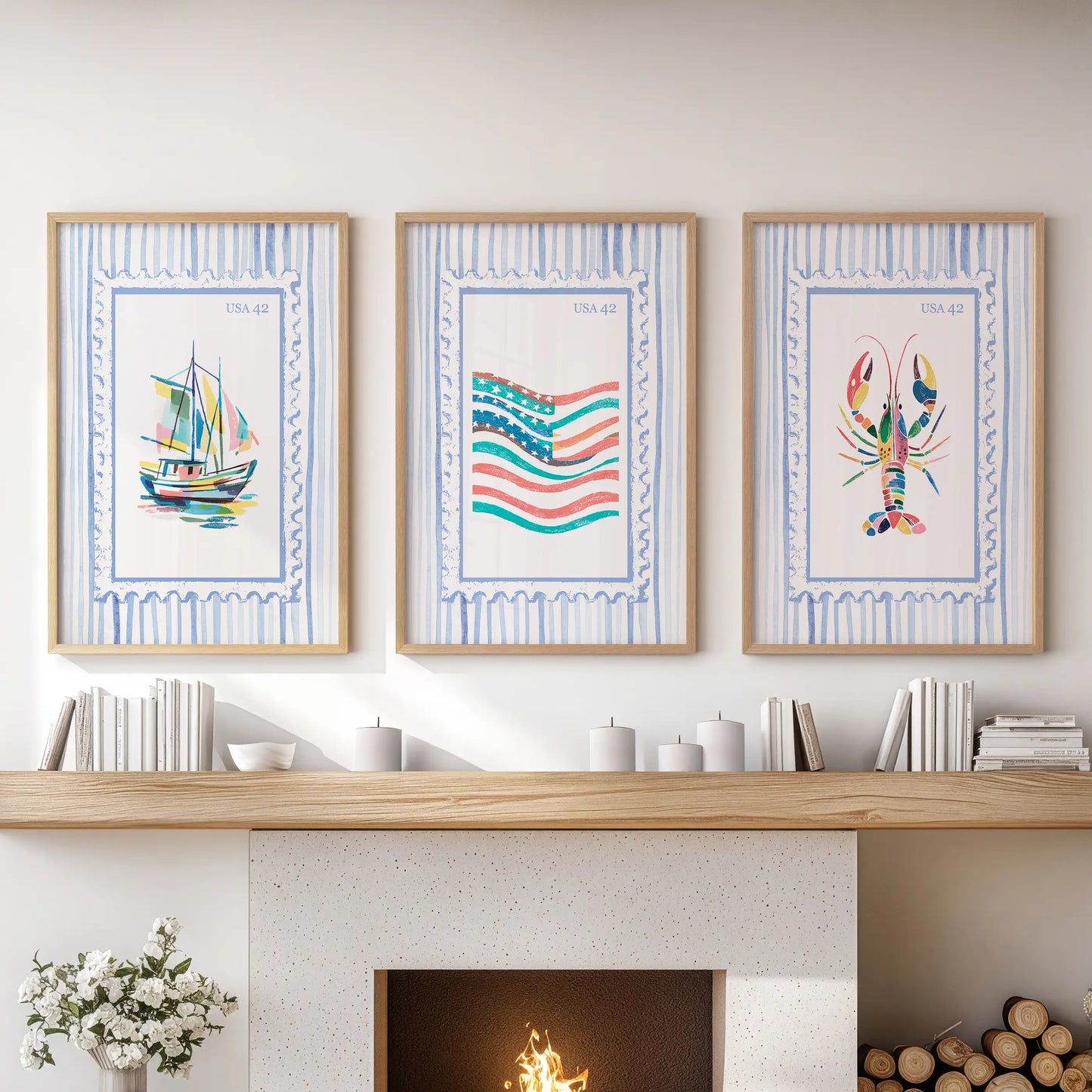 A 3-print wall set of a lobster boat and US flag, framed in solid oak, stands above the mantel as a coastal accent in the lounge.