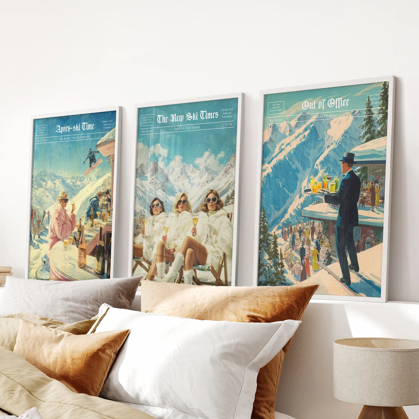 Woman ski fashion poster collage art, 3-piece print set in white frames, layers a retro editorial vibe above the bedroom headboard.