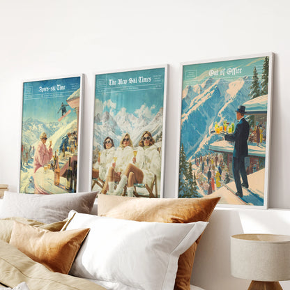 Woman ski fashion poster collage art, 3-piece print set in white frames, layers a retro editorial vibe above the bedroom headboard.