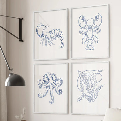 Modern nautical wall decor. Octopus, lobster,seaweed minimal art prints. White frames for apartment.