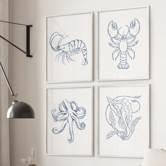 Modern nautical wall decor. Octopus, lobster,seaweed minimal art prints. White frames for apartment.