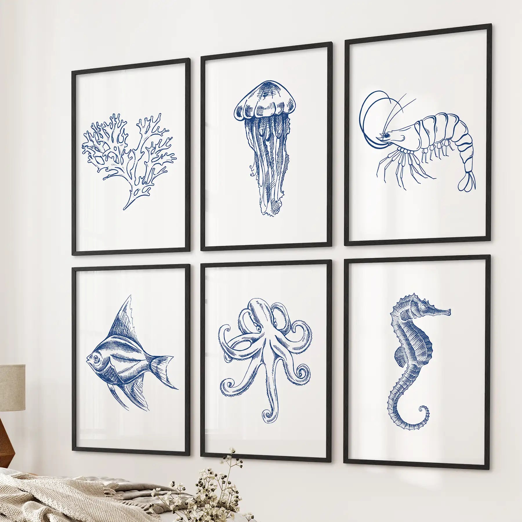 Set of 6 beach house wall decor. Trendy blue marine drawing prints. Black frames for bedroom.