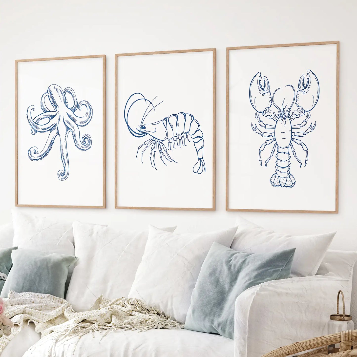 Undersea ocean animals apartment decor. Line art marine poster print wall art. Thinwood frames for living room.