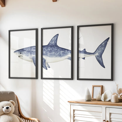 Three-piece minimalist ocean wall art in black frames adds bold coastal color to a kids playroom, neatly arranged over the dresser.