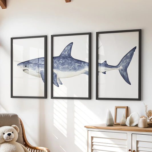 Three-piece minimalist ocean wall art in black frames adds bold coastal color to a kids playroom, neatly arranged over the dresser.