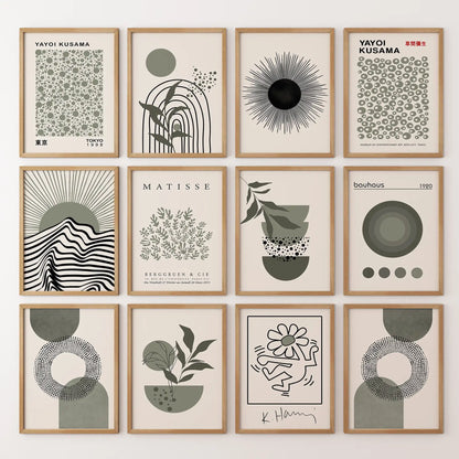 Yayoi Kusama, Matisse abstract wall art prints. Trendy set of 12 Japandi decor. Thinwood frames for bedroom.