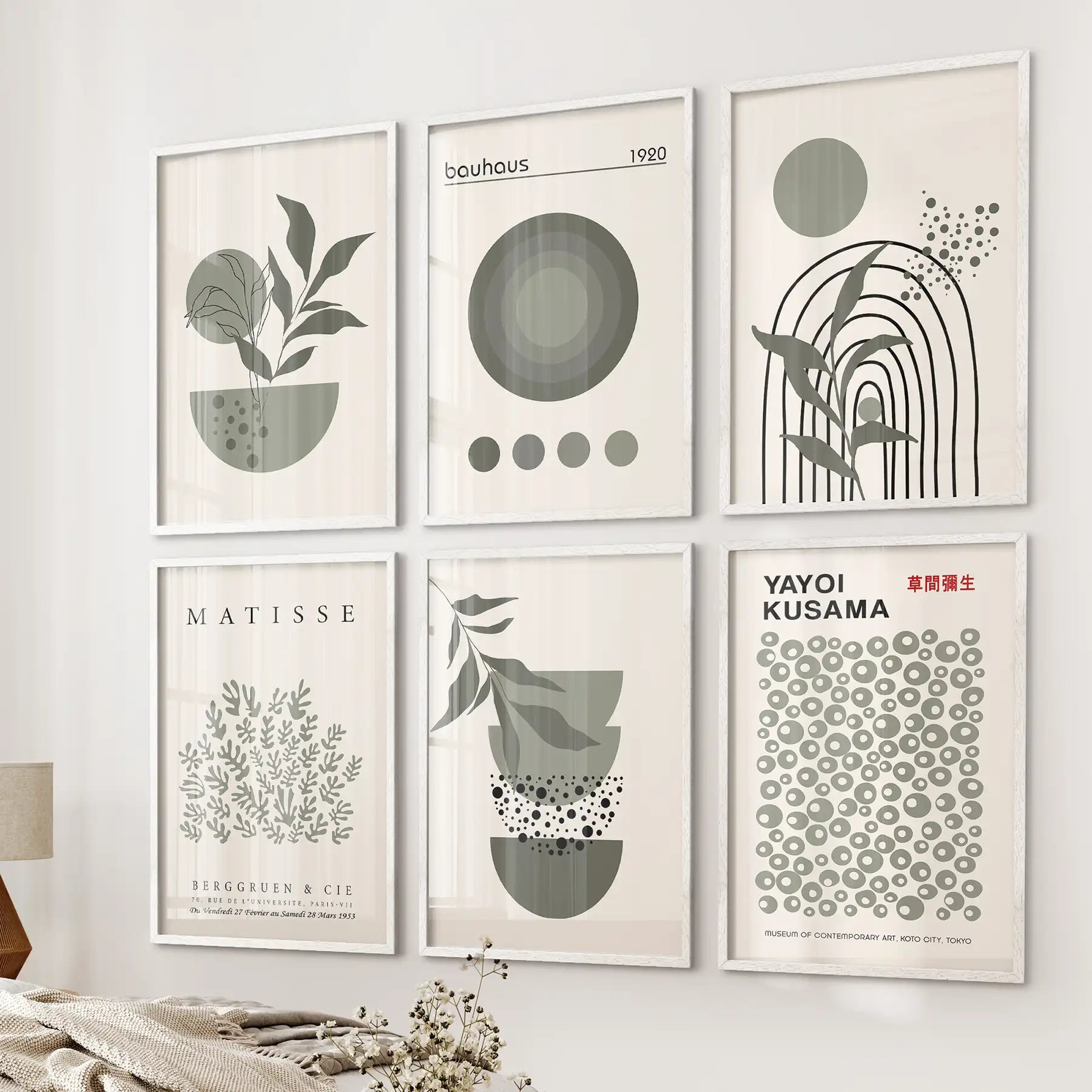 White framed gallery wall of 6 sage green posters inspired by Kusama and Matisse