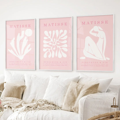 Minimalist Matisse art prints in pink for modern gallery wall decoration. White frames for living room.