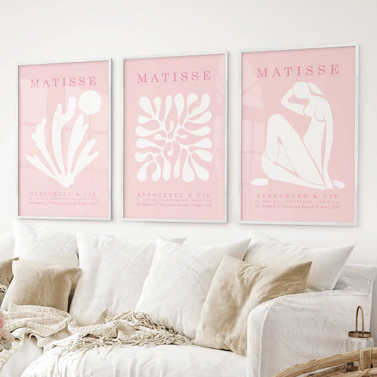 Minimalist Matisse art prints in pink for modern gallery wall decoration. White frames for living room.