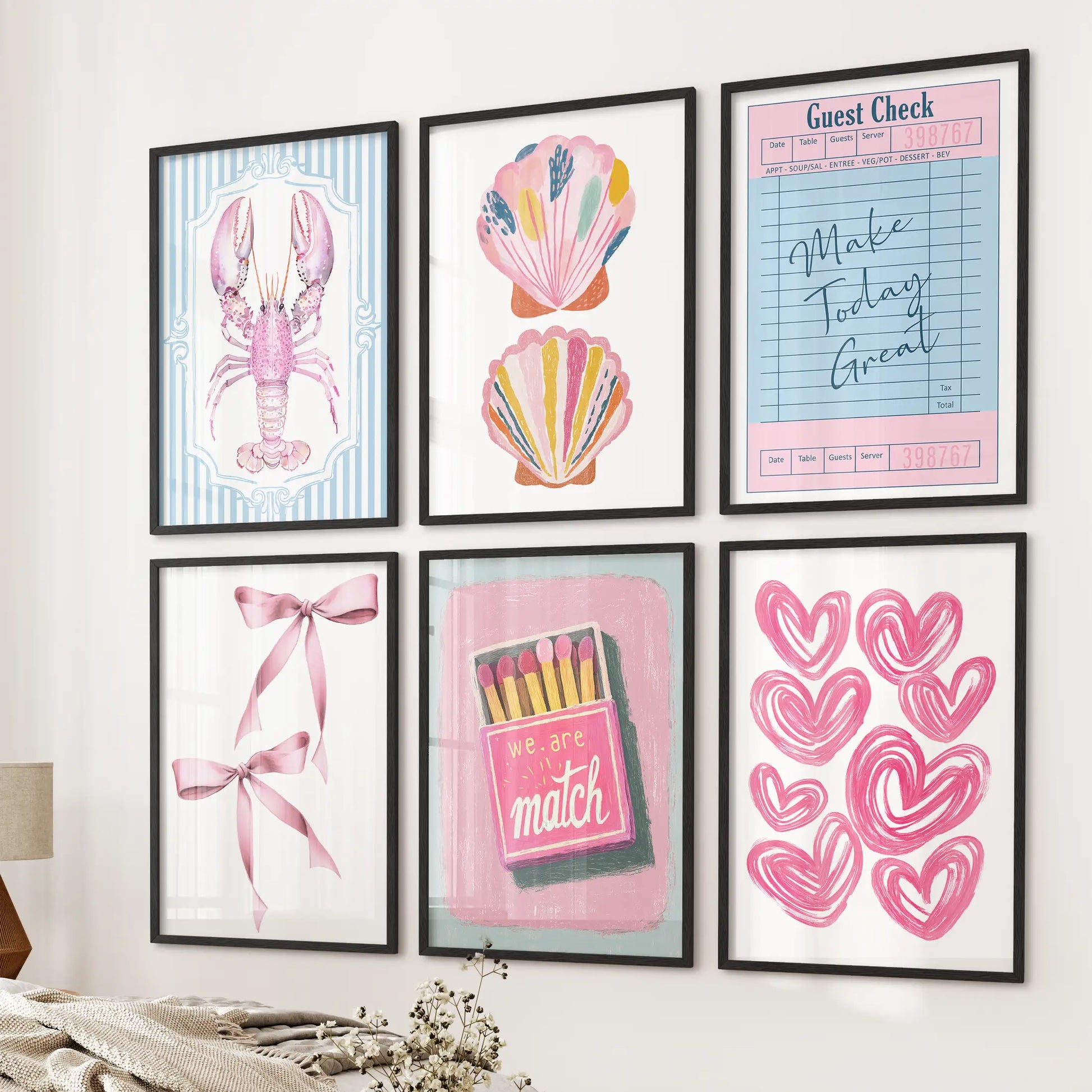Seashells 6-print gallery wall in black framed prints, designed as coastal wall art hung near the bed wall to add preppy charm to a cozy bedroom.