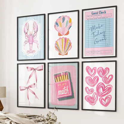 Seashells 6-print gallery wall in black framed prints, designed as coastal wall art hung near the bed wall to add preppy charm to a cozy bedroom.