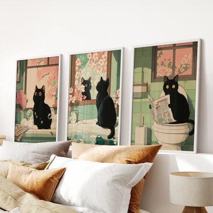 Black cat reading a newspaper, a three-panel wall art in white frames, centers the bedroom and rests cleanly above the bed headboard.