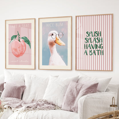 Humorous duck print with “Nice Bum” text for bathroom wall decor. Thinwood frames over the couch.