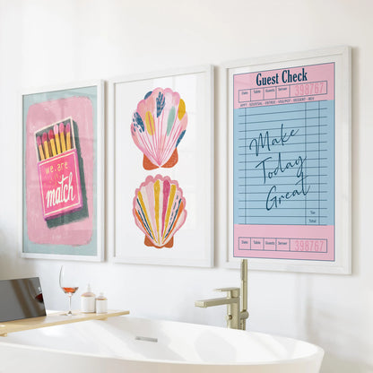 Preppy pink wall art 3-print set brightens the bathroom in crisp white frames, floating over the tub wall with sunny, feel-good energy.