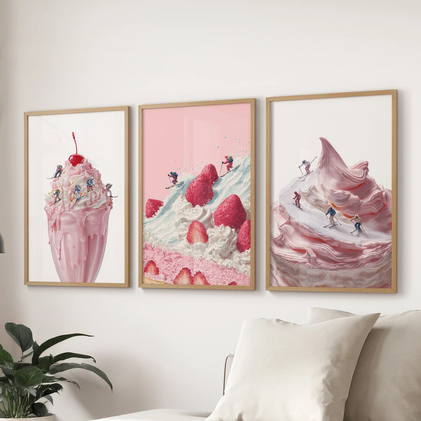 Retro winter sports wall posters, a three-print set in natural wood frames for the family room, arranged to sit neatly over the sofa.