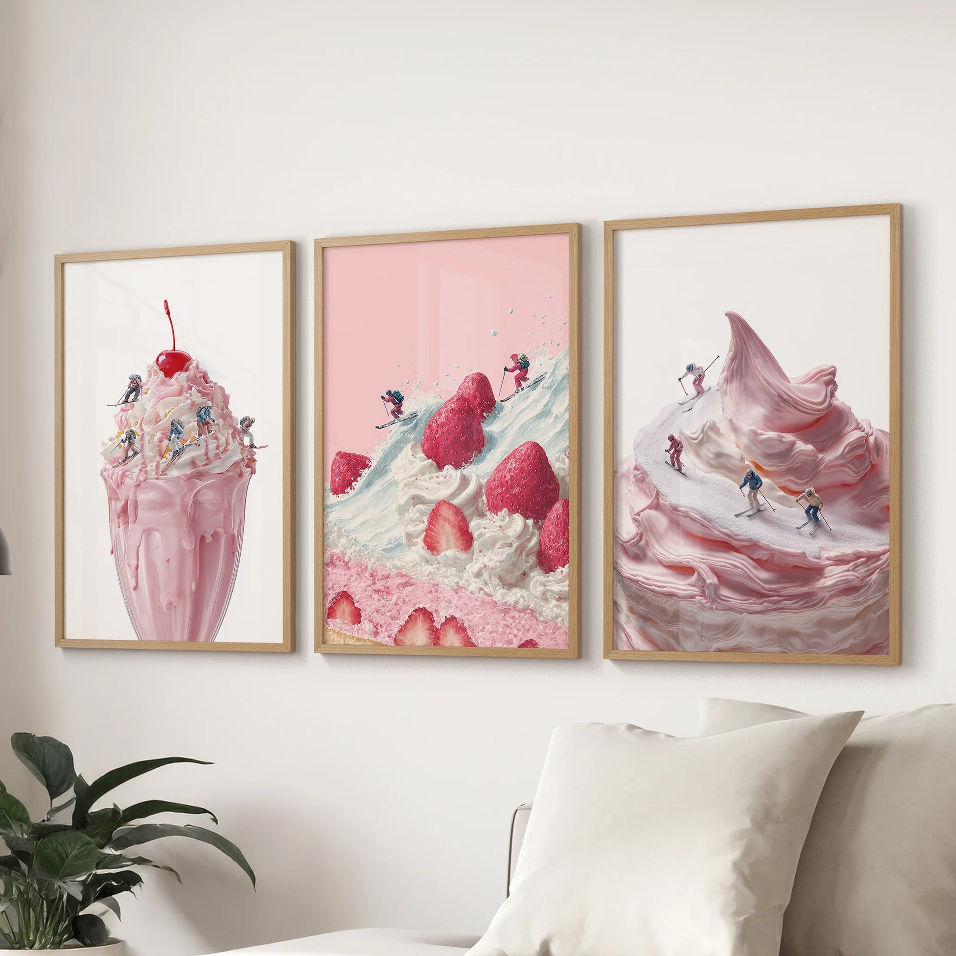 Retro winter sports wall posters, a three-print set in natural wood frames for the family room, arranged to sit neatly over the sofa.