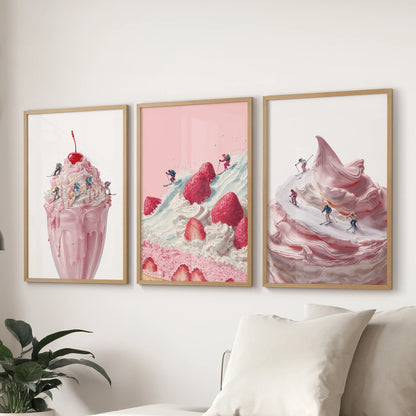 Retro winter sports wall posters, a three-print set in natural wood frames for the family room, arranged to sit neatly over the sofa.