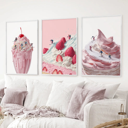Playful pink kitchen wall decor dessert and skiing inspired prints. White frames for living room.