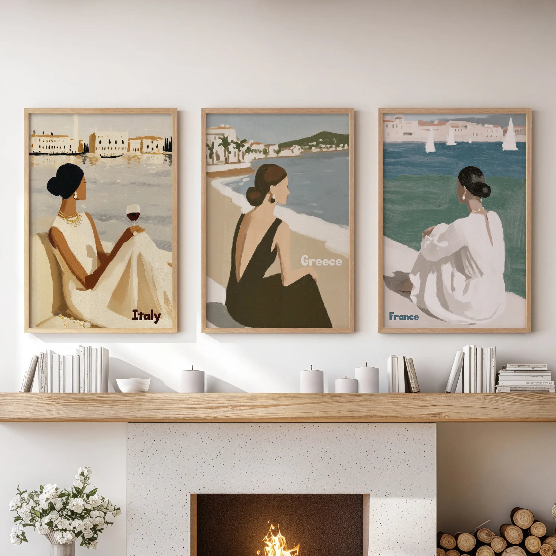 Mediterranean women set of 3 artwork, thin wood-framed prints, rides over the living room sectional sofa and adds a relaxed, Riviera-by-day spirit.