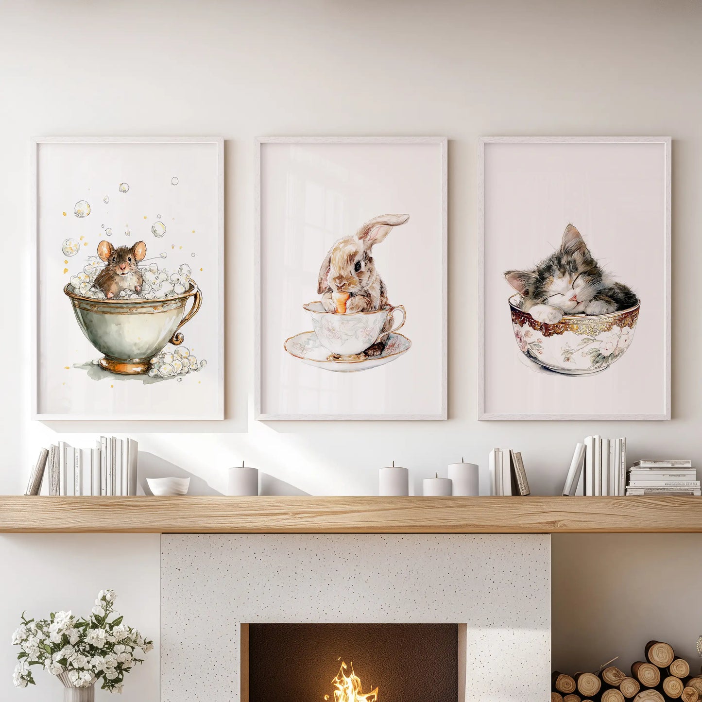 Bunny in a teacup, a 3-piece art set in white-framed prints, settles above the lounge fireplace with airy, cottagecore charm.