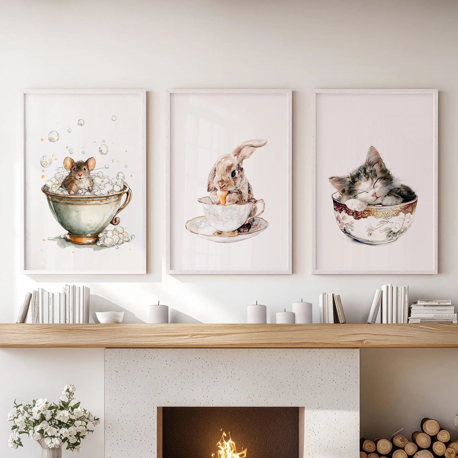 Bunny in a teacup, a 3-piece art set in white-framed prints, settles above the lounge fireplace with airy, cottagecore charm.