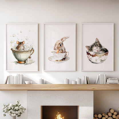 Bunny in a teacup, a 3-piece art set in white-framed prints, settles above the lounge fireplace with airy, cottagecore charm.