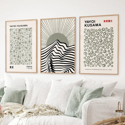 Sage green exhibition-style wall art in wood frames, set of 3 for apartment decor
