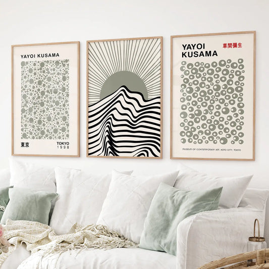 Sage green exhibition-style wall art in wood frames, set of 3 for apartment decor