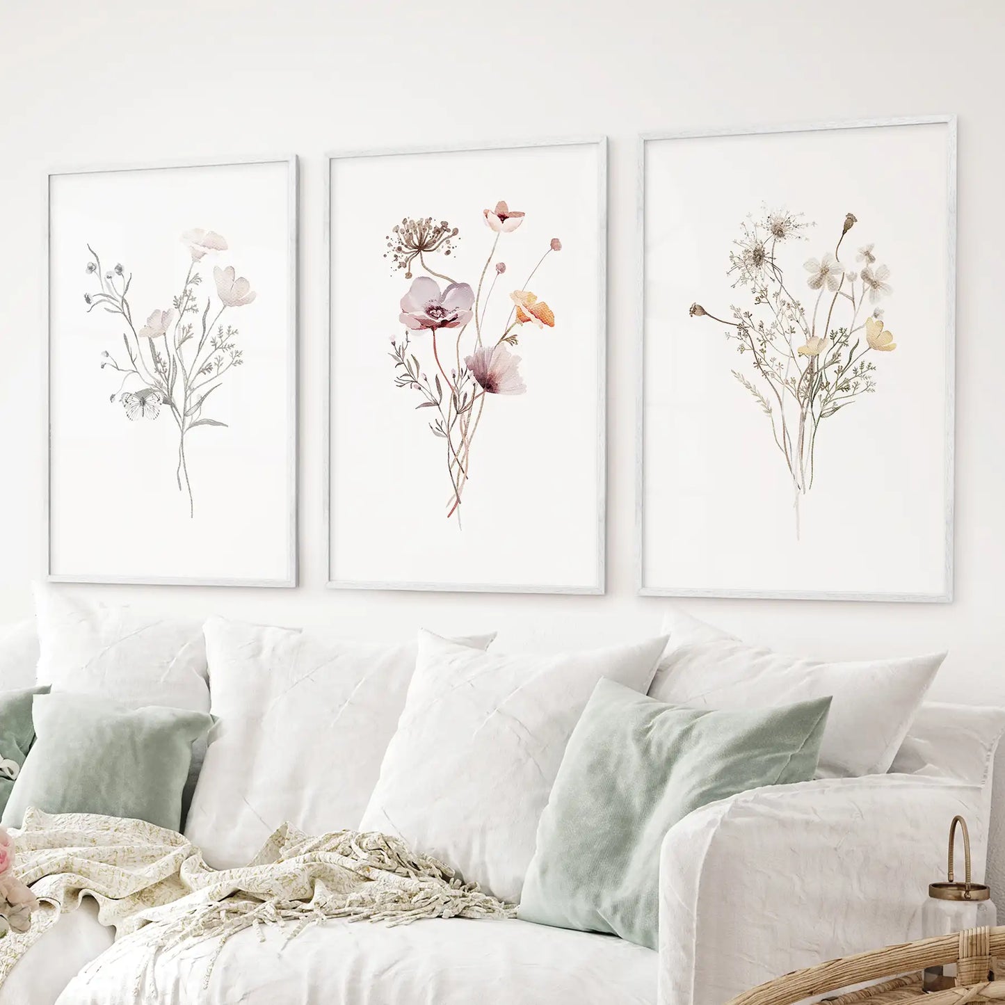 Soft floral wall art in white oak frames, watercolor flower set of 3