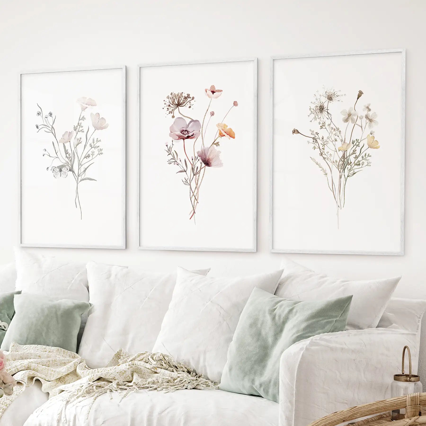 Soft floral wall art in white oak frames, watercolor flower set of 3