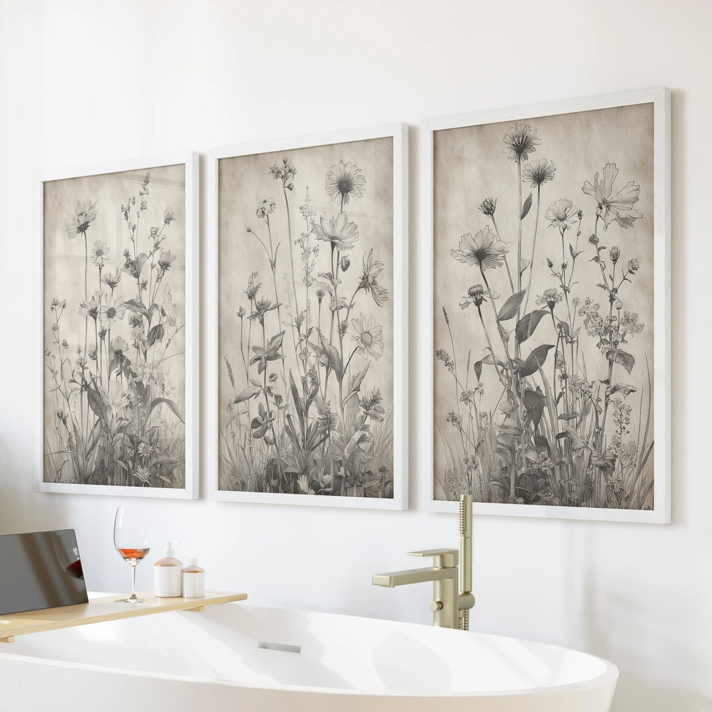 Gray and beige botanicals, a three-piece framed wall art set in white, lend spa-like calm to the bathroom above a freestanding tub.