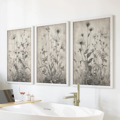 Gray and beige botanicals, a three-piece framed wall art set in white, lend spa-like calm to the bathroom above a freestanding tub.