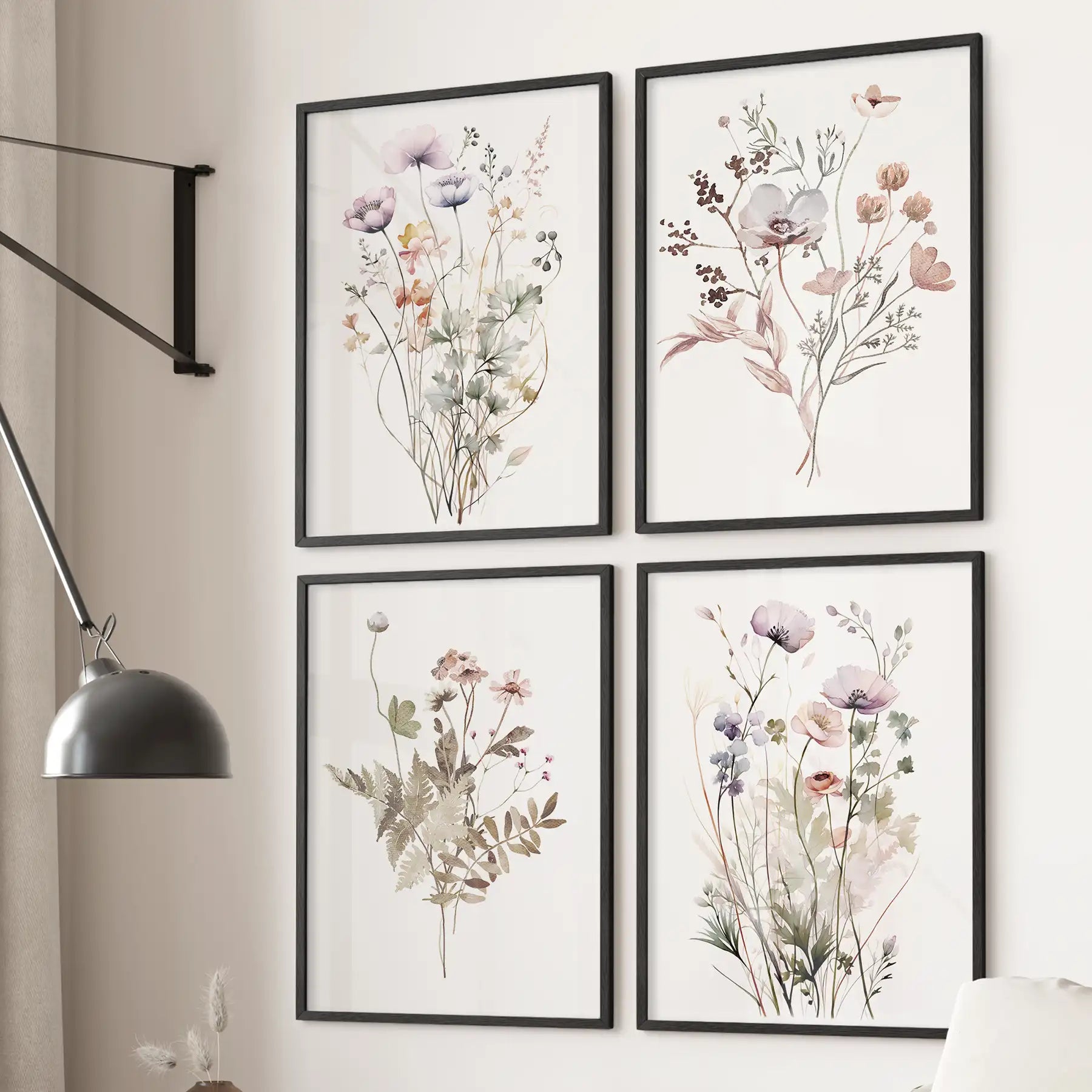 Cottagecore botanical prints in black frames, wildflower gallery wall set of 4