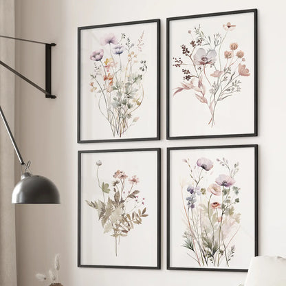 Cottagecore botanical prints in black frames, wildflower gallery wall set of 4